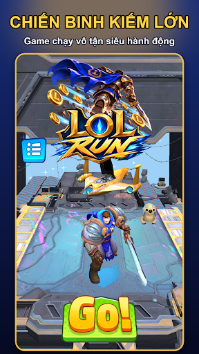Ảnh màn hình chiến binh kiếm lớn với nút Go, game chạy vô tận siêu hành động